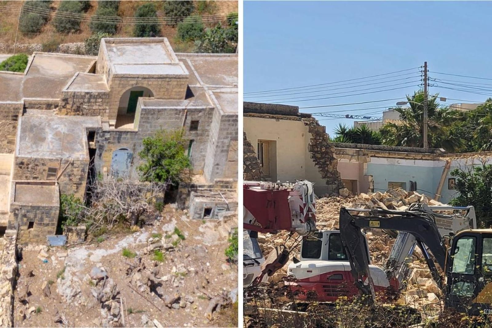 A before-and-after composite: an intact honey-coloured stone farmhouse on the left, and on the right an excavator demolishing it amid rubble, in the Ġgantija buffer zone in Xagħra, Gozo