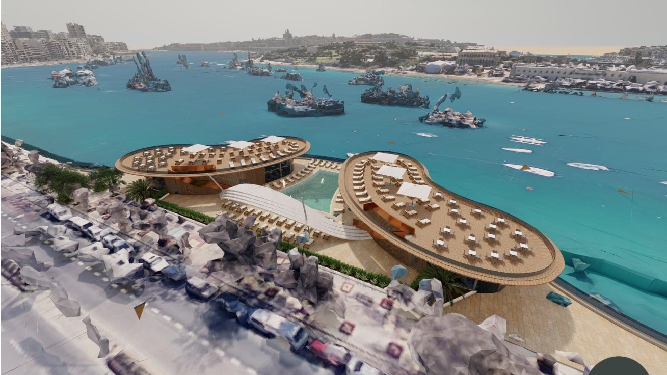 A render of the proposed Sliema lido: two oval pool decks and a swimming pool on land reclaimed from the sea, the coastline and Manoel Island behind.