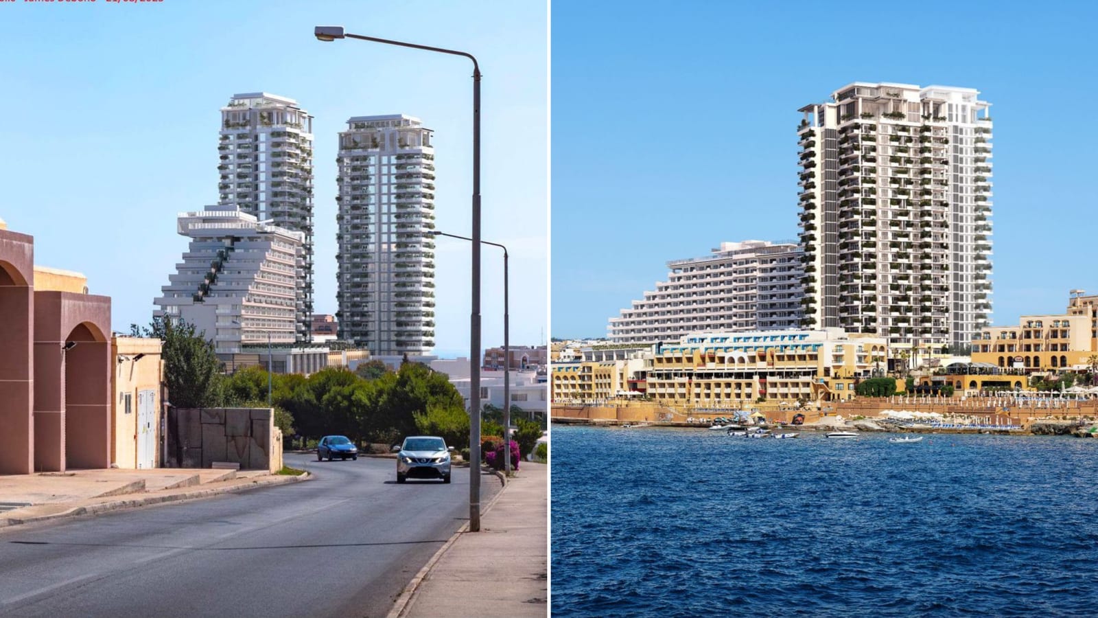 A side-by-side photomontage of the proposed development: two green-terraced towers looming over a Pembroke street on the left, and rising above the St George's Bay waterfront on the right
