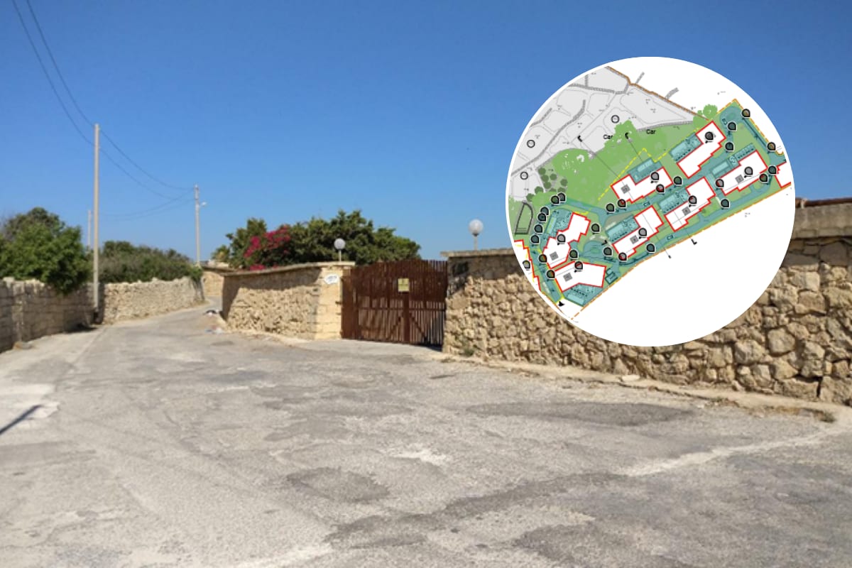 The rural lane and rubble-walled entrance to the current Garden of Eden site, with an inset masterplan of the bungalow layout